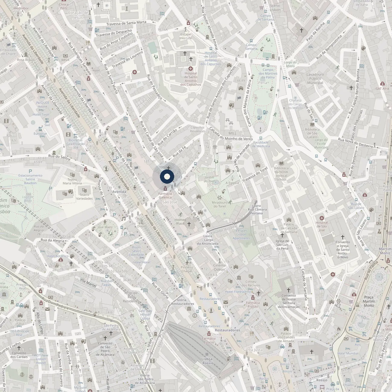 Mapa das ruas à volta do escritório na Rua de São José, Lisboa